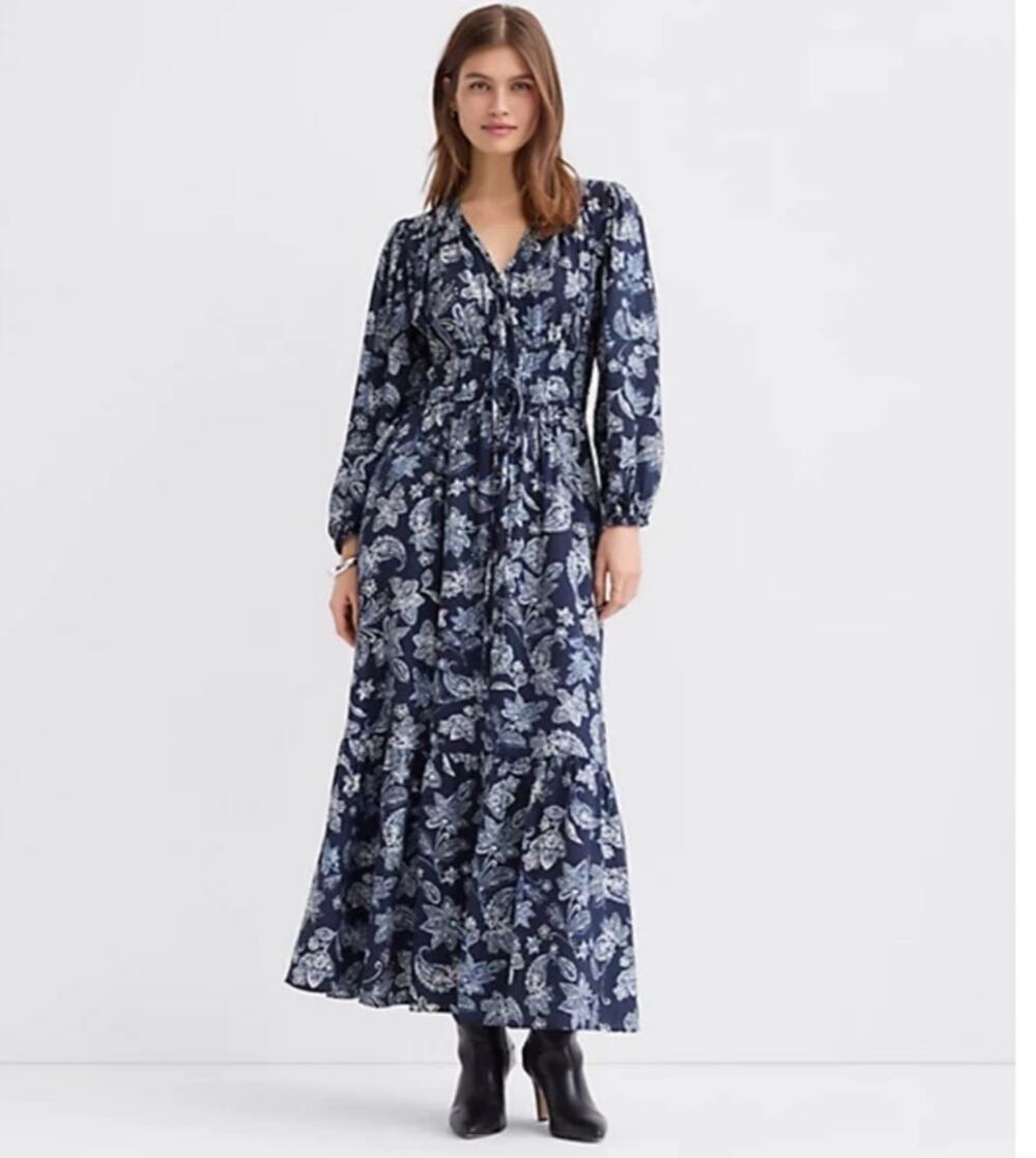 LOFT‎ Paisley Bow Pocket Boho Maxi Dress Blue NWT Size Large